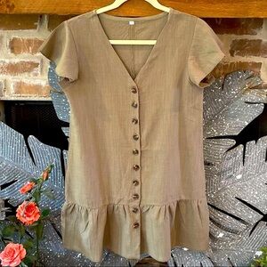 LIGHTWEIGHT Button Front Olive Dress Butterfly Sleeve & Bottom Ruffle Size Small